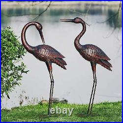 2 Coastal Cranes Pair Yard Décor Garden Statue Metal Sculpture Lawn Art Bird Set