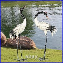 2 Garden Crane Statues Outdoor Heron Red Crowned Crane Metal Yard Art Sculpture