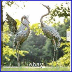 2 Metal Heron Crane Statue Sculpture Birds Art Decor Bronze Finish Yard Coastal