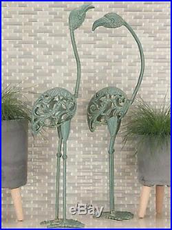 2 Pc Flamingo Garden Art Statue Rustic Hollow Metal Sculpture Outdoor Yard Decor