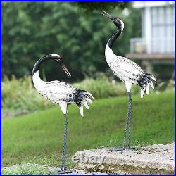 2 Pcs Garden Crane Statues Outdoor Heron Red Crowned Crane Metal Yard Sculpture