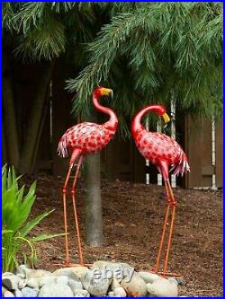 2 Pcs Pink Standing Flamingo 33 Metal Sculpture Garden Stake Yard Lawn Statue