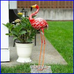 2 Pcs Pink Standing Flamingo 33 Metal Sculpture Garden Stake Yard Lawn Statue