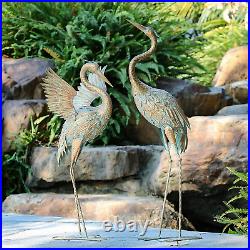 2 Standing Crane Statues Metal Bird Sculpture Art Heron Outdoor Yard Porch Decor