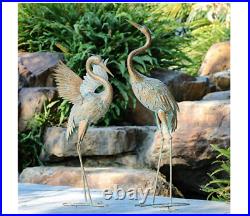 2 Standing Crane Statues Metal Bird Sculpture Art Heron Outdoor Yard Porch Decor