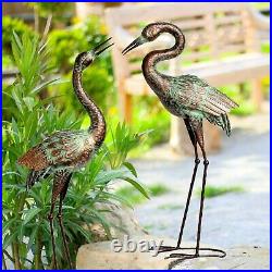 2 pcs Garden Heron Crane Statues Sculptures Decor Metal Bird Lawn Ornaments Yard