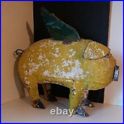 21 In Tall Big Large Yard Art Pig Wings Recycled Metals Mexico Lime Green Yellow