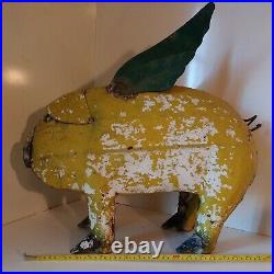 21 In Tall Big Large Yard Art Pig Wings Recycled Metals Mexico Lime Green Yellow