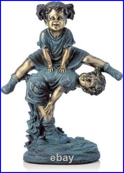 26 Tall Antique Bronze Girl Jumping Over Boy Outdoor Statue for Garden Charm