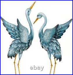 3 Ft. Set of 2 Blue Layered Feathers Heron Metal Garden Sculpture Yard Statue