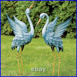 3 Ft. Set of 2 Blue Layered Feathers Heron Metal Garden Sculpture Yard Statue
