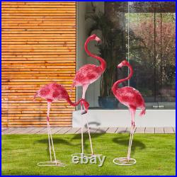3 Pack Pink Flamingo Garden Statues Durable Metal Yard Art Decor