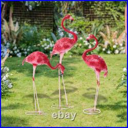 3 Pack Pink Flamingo Garden Statues Durable Metal Yard Art Decor
