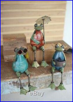 3 Recycled Metal Frog Ledge Shelf Sitters Garden Yard Art Frogs Statue Figurine