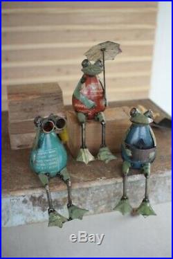 3 Recycled Metal Frog Ledge Shelf Sitters Garden Yard Art Frogs Statue Figurine