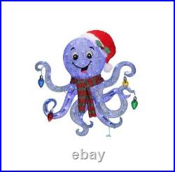 32 Christmas Lighted 3-d Tinsel Octopus W Santa Hat Led Yard Decor