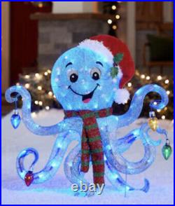32 Christmas Lighted 3-d Tinsel Octopus W Santa Hat Led Yard Decor
