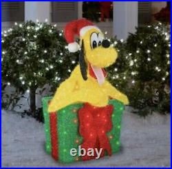 32 Christmas Lighted 3-d Tinsel Pluto In Gift Box Disney Licensed Yard Decor