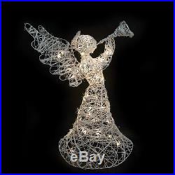 38.5 Lighted White Glittered Rattan Trumpeting Angel Christmas Yard Decoration