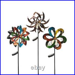 43-Inch Tall Solar-Powered Metal Yard Stakes with Wind Spinners (Set of 3)