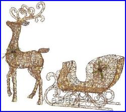 5 Ft LED Lighted Grapevine Reindeer 46 in Sleigh Outdoor Christmas Yard Decor