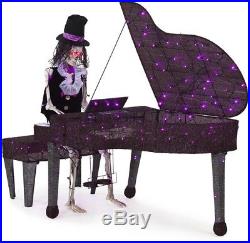 57-in Lighted Skeleton Playing Piano Halloween Decor Tinsel Scary Prop Yard