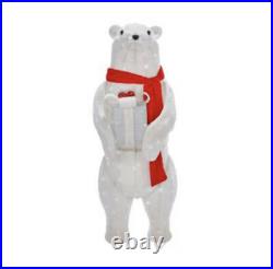 5ft Christmas Lighted 3-d Tinsel Polar Bear W Santa Gift Box Lifesize Yard Decor