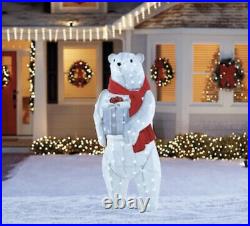 5ft Christmas Lighted 3-d Tinsel Polar Bear W Santa Gift Box Lifesize Yard Decor