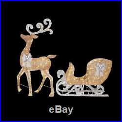 65 in. LED Lighted Gold Reindeer Sleigh Outdoor Yard Christmas Decoration Light