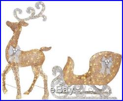 65 in. LED Lighted Gold Reindeer Sleigh Outdoor Yard Christmas Decoration Light