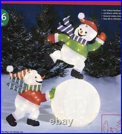 66 Lifesize Christmas Tinsel Led Snowmen W Santa Hats Makin Snowball Yard Decor