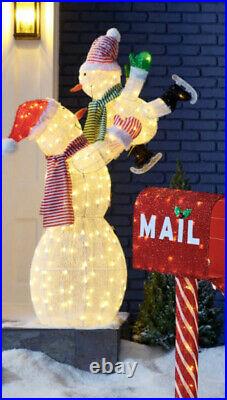 67 Lifesize Christmas Snowman & Baby 3d Skating W Santa Hats Lighted Yard Decor