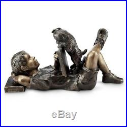 Adorable Impatience Dog & Boy Reading Garden Sculpture Metal Statue Yard Art