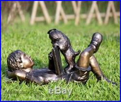 Adorable Impatient Dog & Boy Reading Garden Sculpture Metal Statue Yard Art