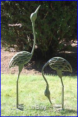 Antique Green Crane Pair Coastal Cast Iron Garden Statue Bird Yard Art Sculpture