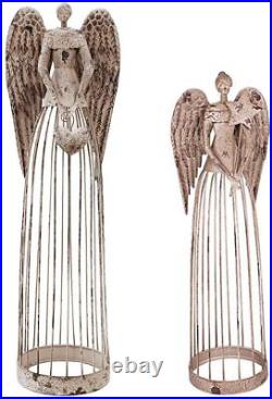 Antiqued Metal Garden Angel Statue Set of 2, Indoor Outdoor Angel Yard Art Decor