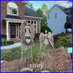 Antiqued Metal Garden Angel Statue Set of 2, Indoor Outdoor Angel Yard Art Decor