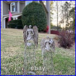 Antiqued Metal Garden Angel Statue Set of 2, Indoor Outdoor Angel Yard Art Decor