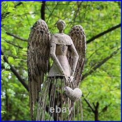 Antiqued Metal Garden Angel Statue with Heart, Indoor Outdoor Angel Yard Art