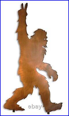 Bigfoot Peace Sign Metal Yard Art, Sasquatch Statue, Rust Finish, Handmade USA