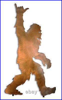 Bigfoot Shaka Sign Metal Yard Art, Sasquatch Hang Loose Statue, Rust Finish