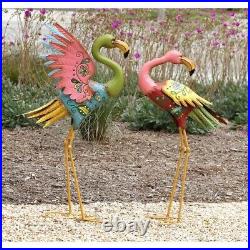 Bird Sculpture Floral Colorful Pastel Flamingo Metal Statue Coastal Garden Lawn