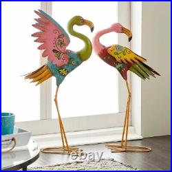 Bird Sculpture Floral Colorful Pastel Flamingo Metal Statue Coastal Garden Lawn