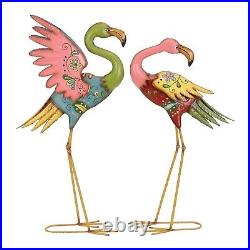 Bird Sculpture Floral Colorful Pastel Flamingo Metal Statue Coastal Garden Lawn