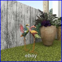 Bird Sculpture Floral Colorful Pastel Flamingo Metal Statue Coastal Garden Lawn