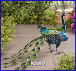 Birdbath Peacock Sculpture for Garden Yard Outdoors Metal Glass Blue Green 20 L