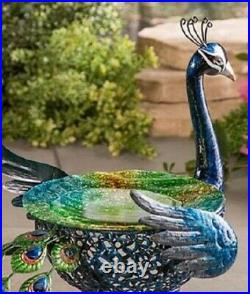 Birdbath Peacock Sculpture for Garden Yard Outdoors Metal Glass Blue Green 20 L