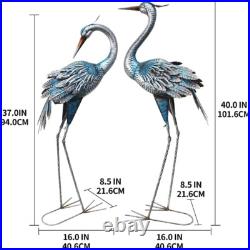 Blue Heron Garden Statues Metal Yard Art Crane Decor Sculptures Outdoor Set of 2