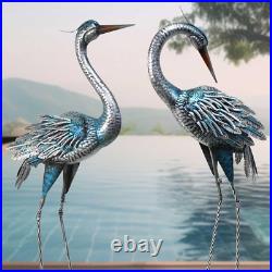 Blue Heron Garden Statues Metal Yard Art Crane Decor Sculptures Outdoor Set of 2