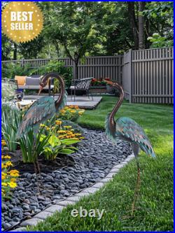 Blue Heron Metal Crane Statues Set of 2 37-40in Outdoor Garden Yard Art
